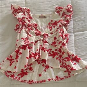 White & Red Floral Tie-Front Ruffle Blouse